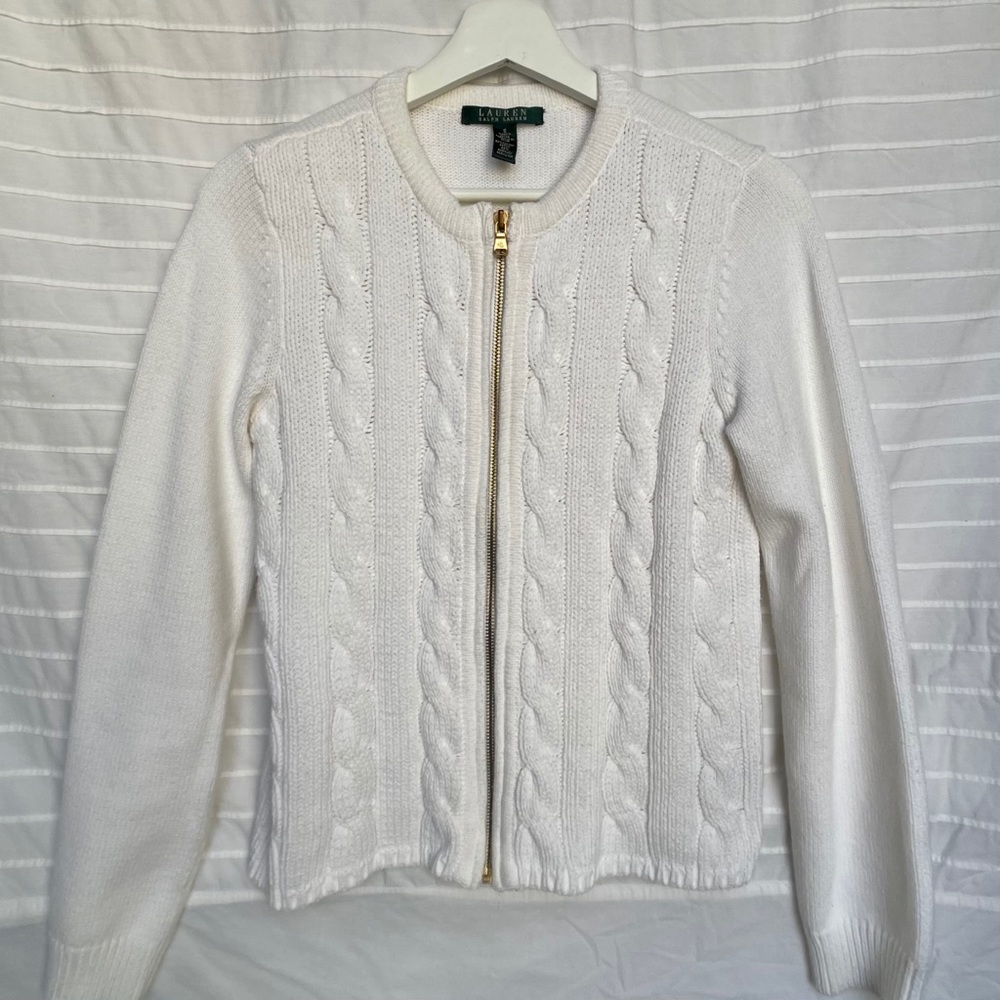 Oversized White Ralph Lauren Knitted Zip Sweater S